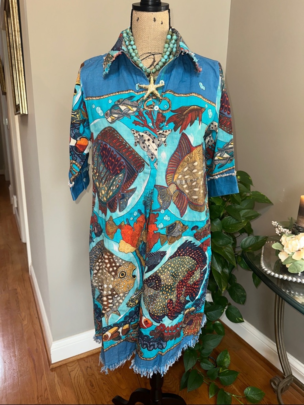 Dizzy Lizzie Shirt Dress Aquarium Print with Fringe Hem size Small